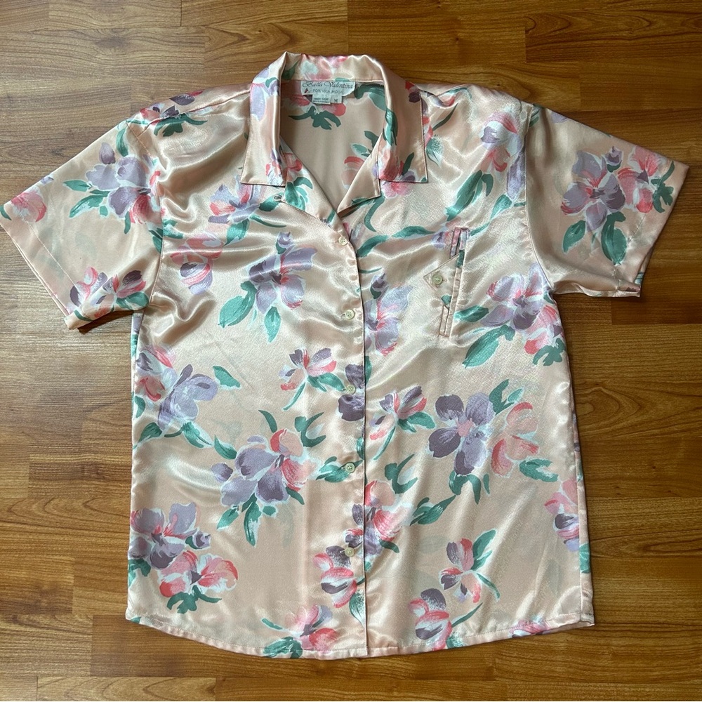 Vintage Balla Valentina 100% Silk Floral Print Button-Up Blouse